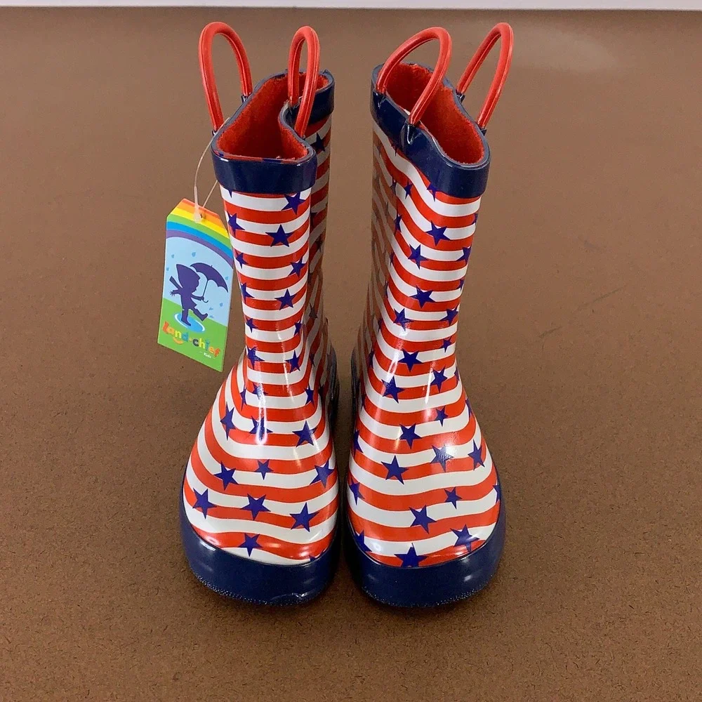 Landchief Kids Shoe Size 9 Red White Blue Striped Rubber Rain Boots NWT